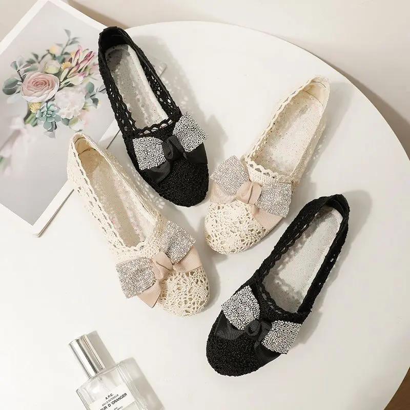 Fashion Women's Flat Shoes Net Hollow With Bow Heel Slip On Social Elegant and Fashionable 39 Quick Delivery Chic Shoe Ladies Footwear
