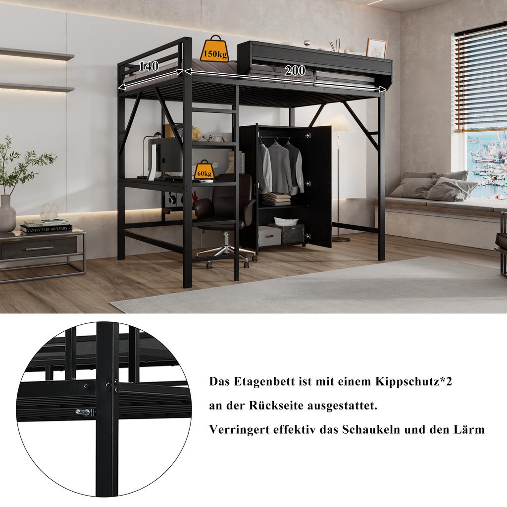 Letto in Ferro, Letto a Soppalco, Doppio Strato di Stoccaggio Sotto la Scrivania, Letto Superiore con Stoccaggio, Con Armadio, Ferro + MDF, Nero, 140x200cm