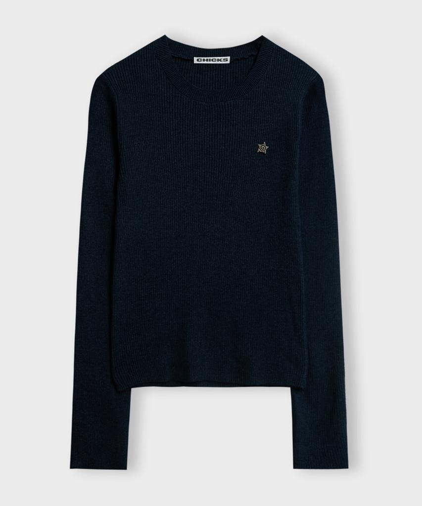CHICKS Slim Fit Ribbed Round Knit Navy