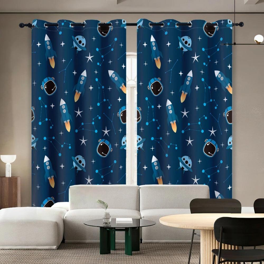 Adorable Astronaut Window Panel Drapes Spaceship Rocket Moon Eyelet Blackout Curtain Galaxy Star Outer Space Curtains for Kids Room Decor