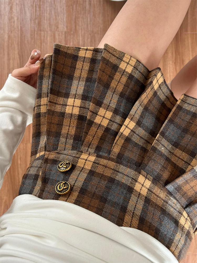 Women's Slimming High-Waist Retro Plaid Wool Skirt - Spring College Style A-Line Pleated Short Skirt