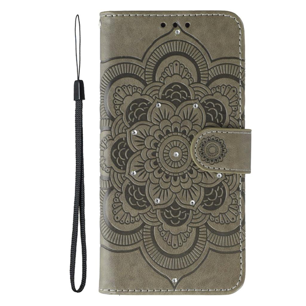 For Oppo Reno14 5G (Global) Case Rhinestone Decor PU Leather Mandala Imprinted Design Phone Cover with Wrist Strap