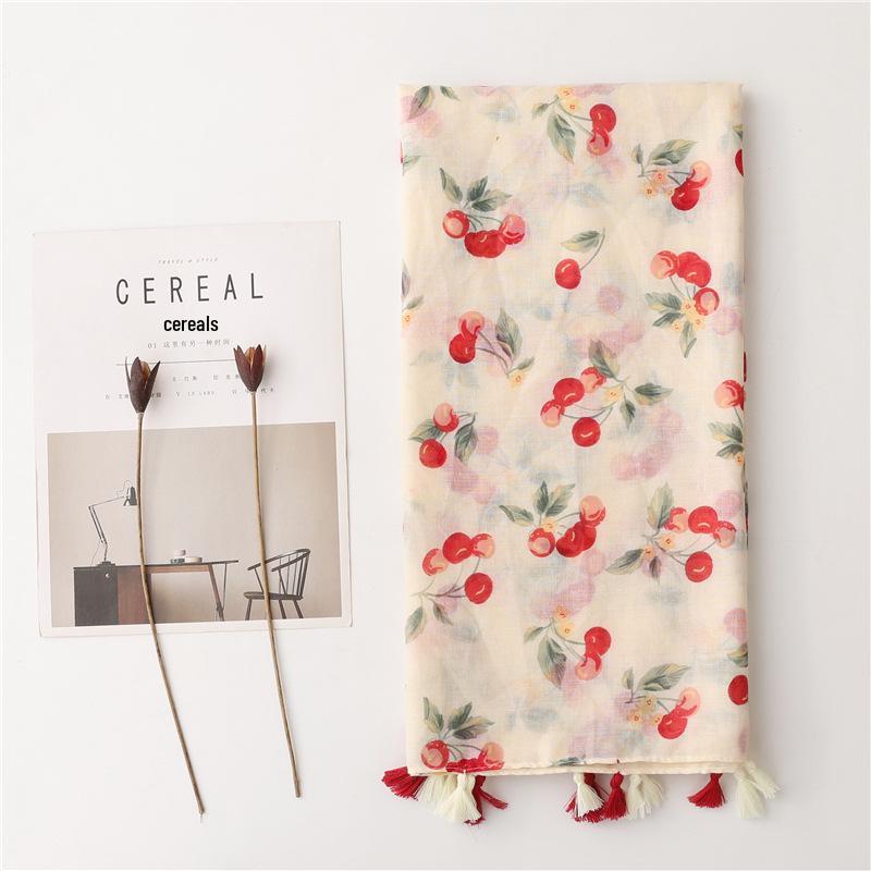 2023 Spring/Summer Sweet Style Cartoon Cherry Cotton Linen Scarf for Women