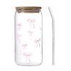 Glass Cups with Lids and Straws 500ml Bow Cup Drinking Mug for Iced Coffee Cocktail Matcha Tea Drinking Water Teen Girls Home