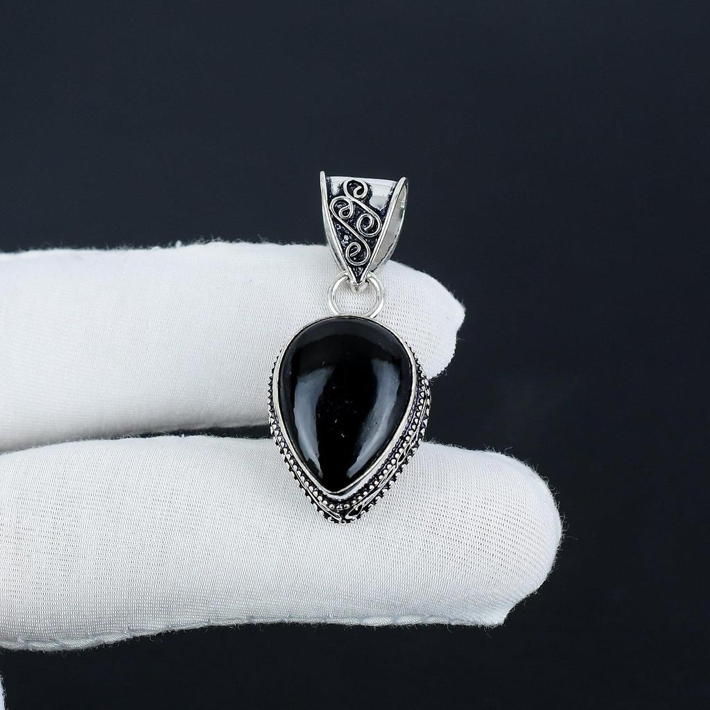 Natural Black Onyx Gemstone Silver Pendant in 925 Sterling Silver - Handmade Pear Design, Everyday Wear Jewelry Father Day  Gift