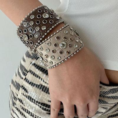 Adjustable Pu Leather Bracelet Spicy Girl Hip-Hop Bangle Retro Rhinestone Bracelet  Party