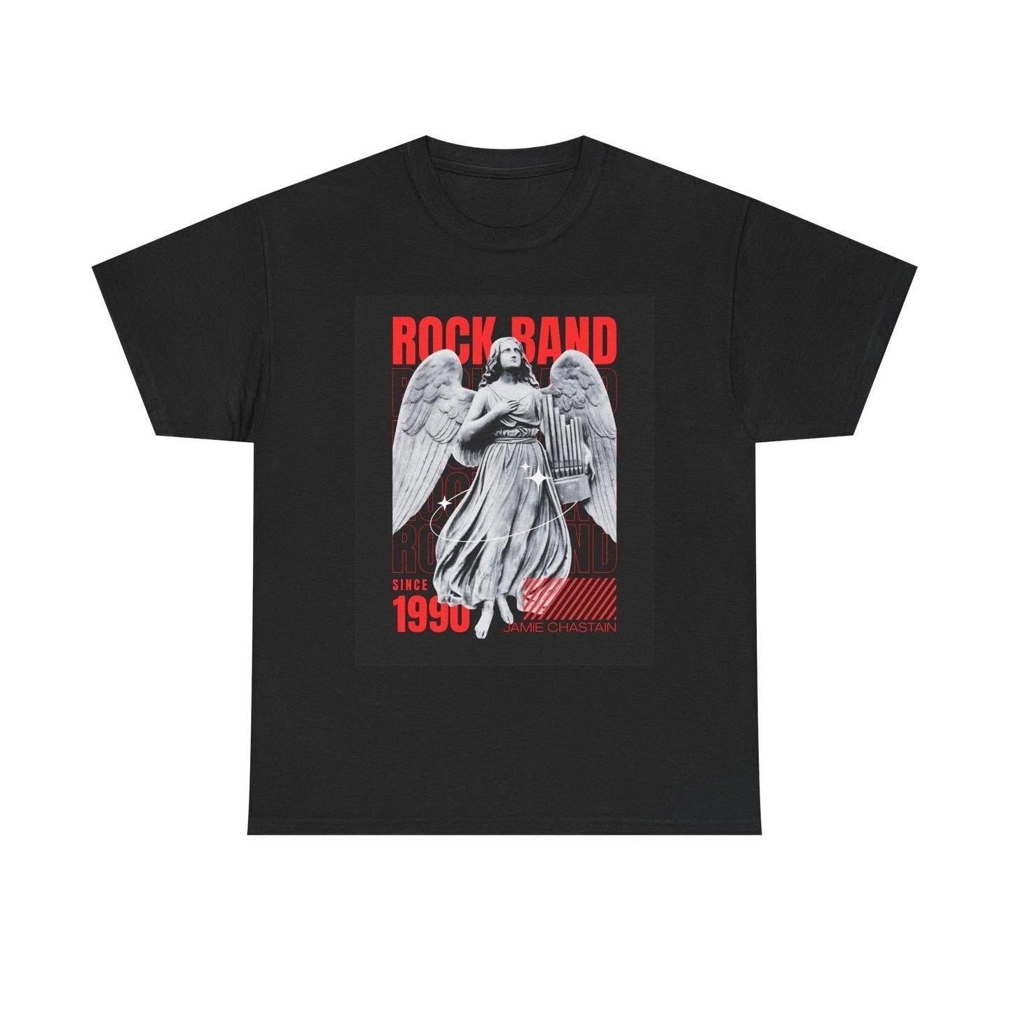 Rock Band Angel Statue Tee - Vintage 1990s Red Black Graphic S