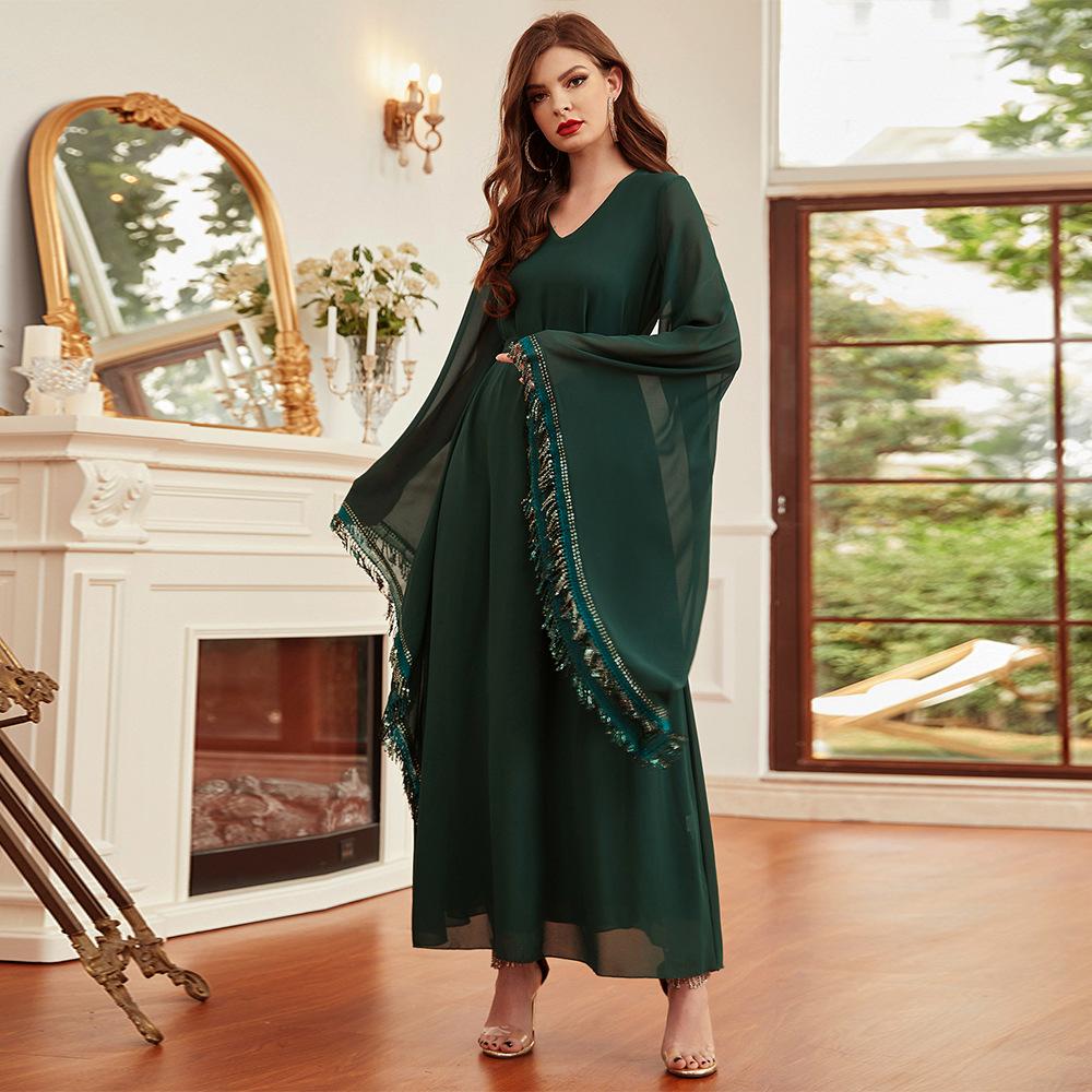 Women's Clothing Dark Green Chiffon Fringe Bell Sleeve Slim Fit Muslim Dress
