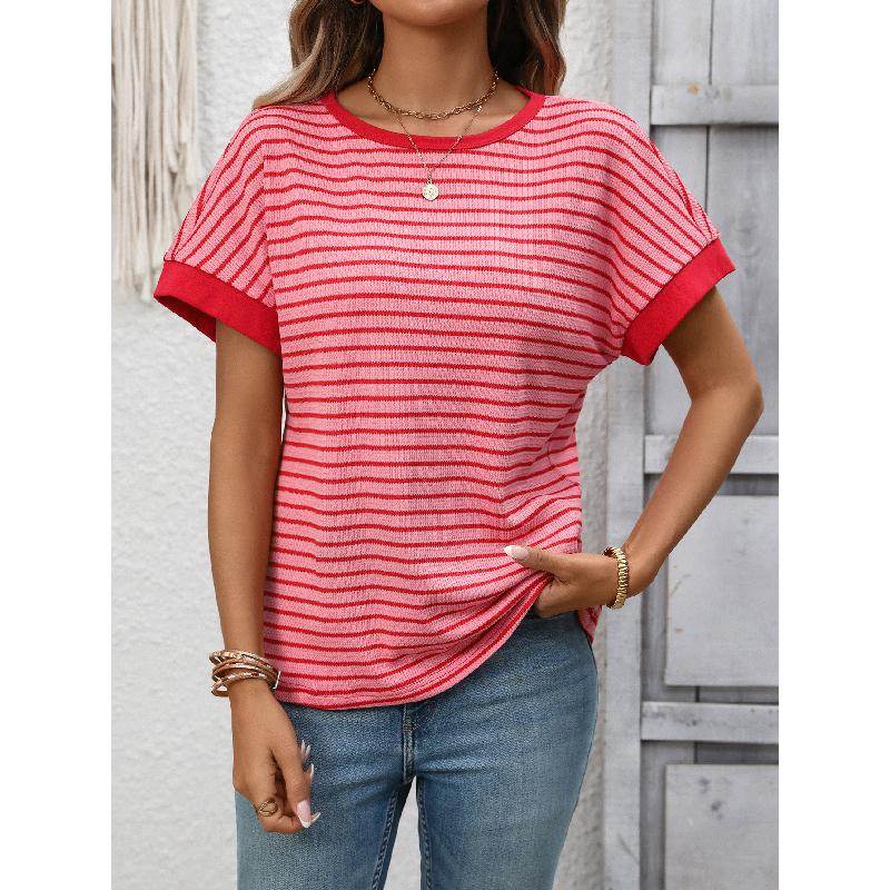 2026 Summer New Women's Casual Round Neck Patchwork Short Sleeve Striped T-Shirt