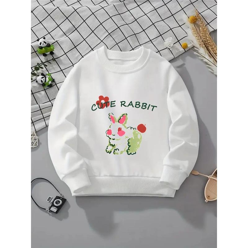European sizes Kids' Crewneck Sweatshirt - Cute Rabbit with Flower And Apple , Sportswear And Casual Wear, Soft And Comfortable, Children's Clothing