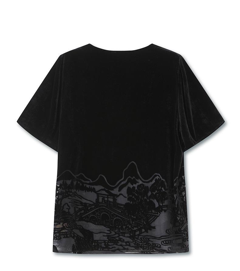 Women's Summer V-Neck Silk Velvet Top with Chinese-Style Landscape