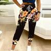 Summer Ladies Painted Flowers Printed Sweatpants Loose Fit Drawstring Joggers Elastic Cuff Daily Casual Pants