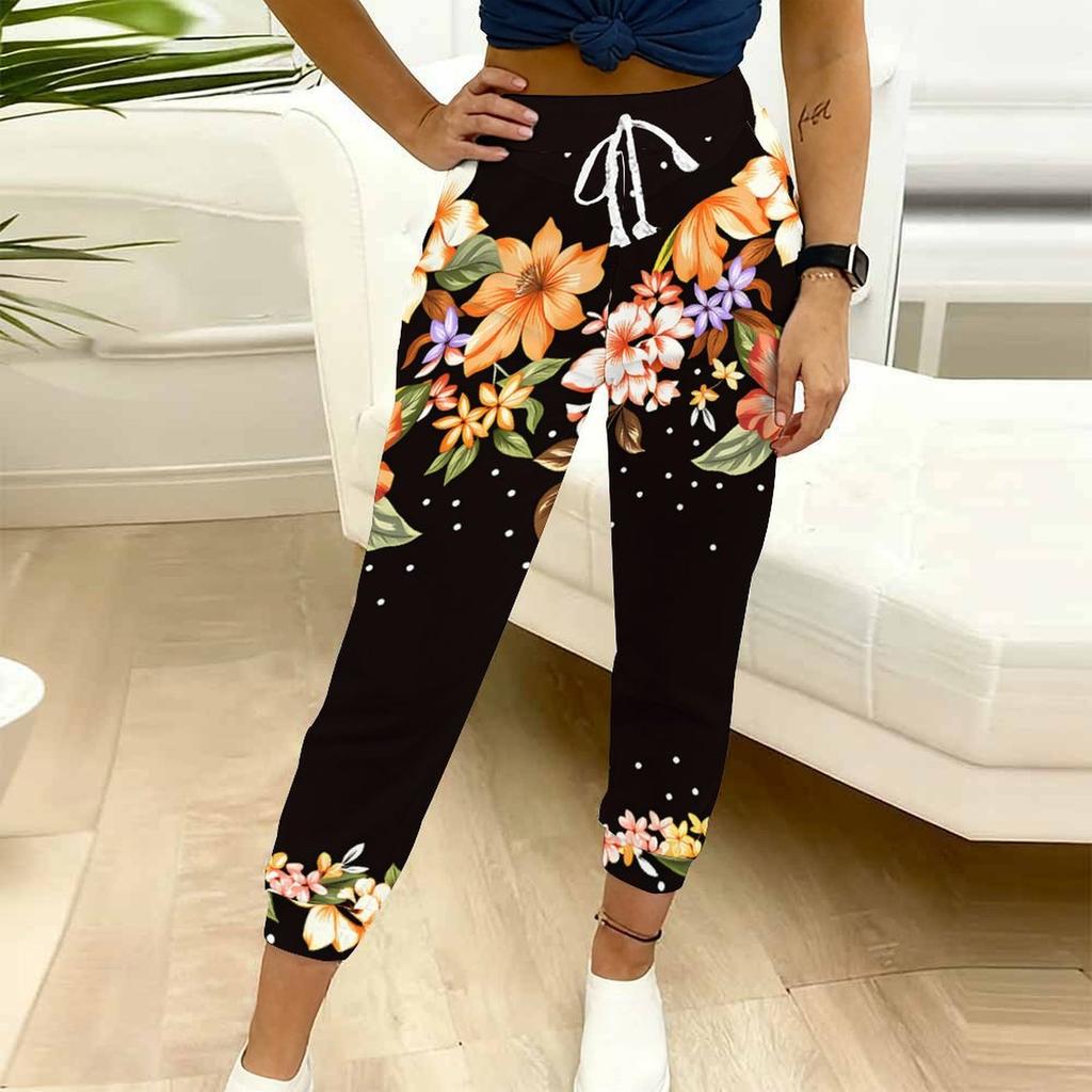 Summer Ladies Painted Flowers Printed Sweatpants Loose Fit Drawstring Joggers Elastic Cuff Daily Casual Pants