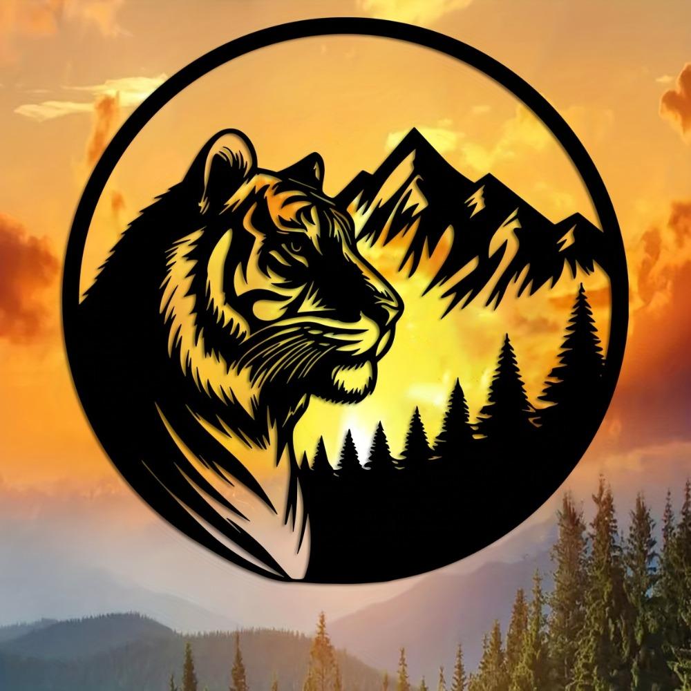 1pc Black Metal Tiger Wall Art 15.74 Inch Round Wildlife Design Mountain Forest Pattern Home Patio Balcony Decor Housewarming Wedding Mother Day Gift