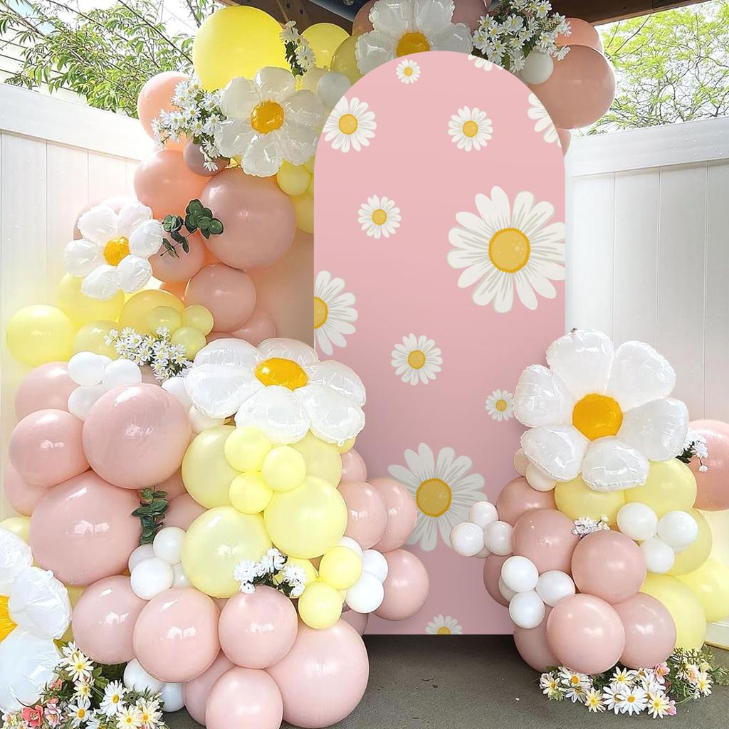 6.56ft Daisy Round Top Arched Backdrop Covers for Birthday Party Pink Arch Covers Stretchy Fabric Backdrop Baby Shower Decor
