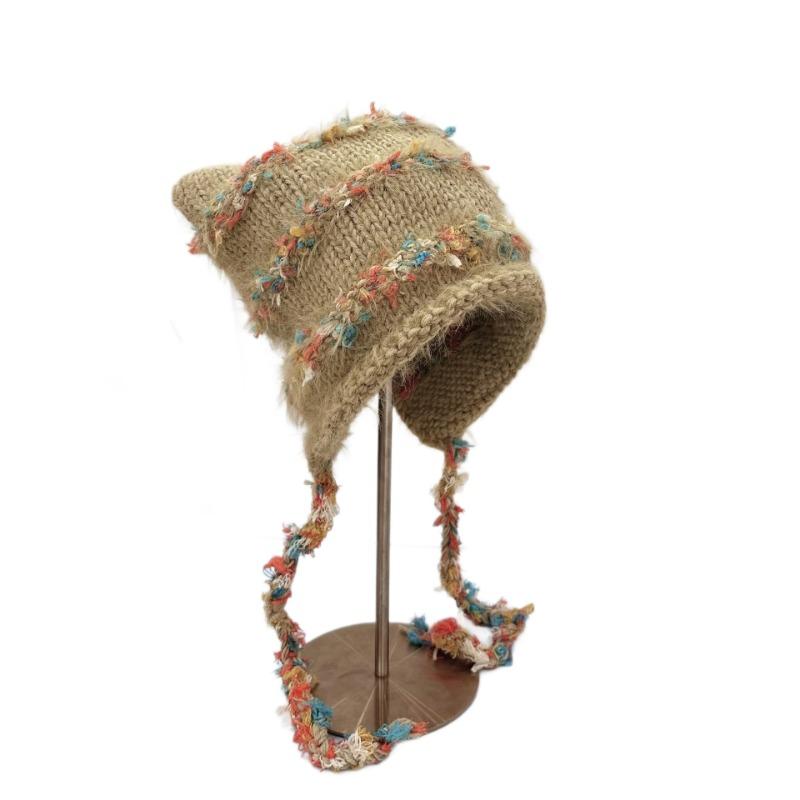 25 Early autumn new colored lace-up ear protectors to keep warm cat ears personalized thickened color matching knitted fluffy hat