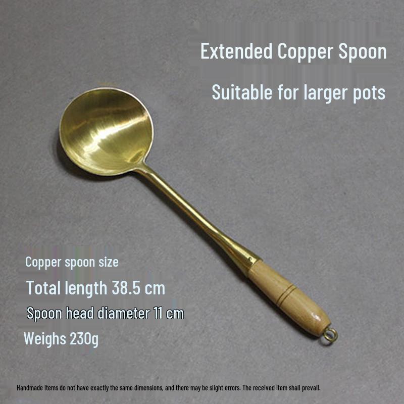 Handcrafted Brass Wok Spatula & Copper Spoon Set with Wooden Handles, Uncoated Raw Brass Utensils for Household Use