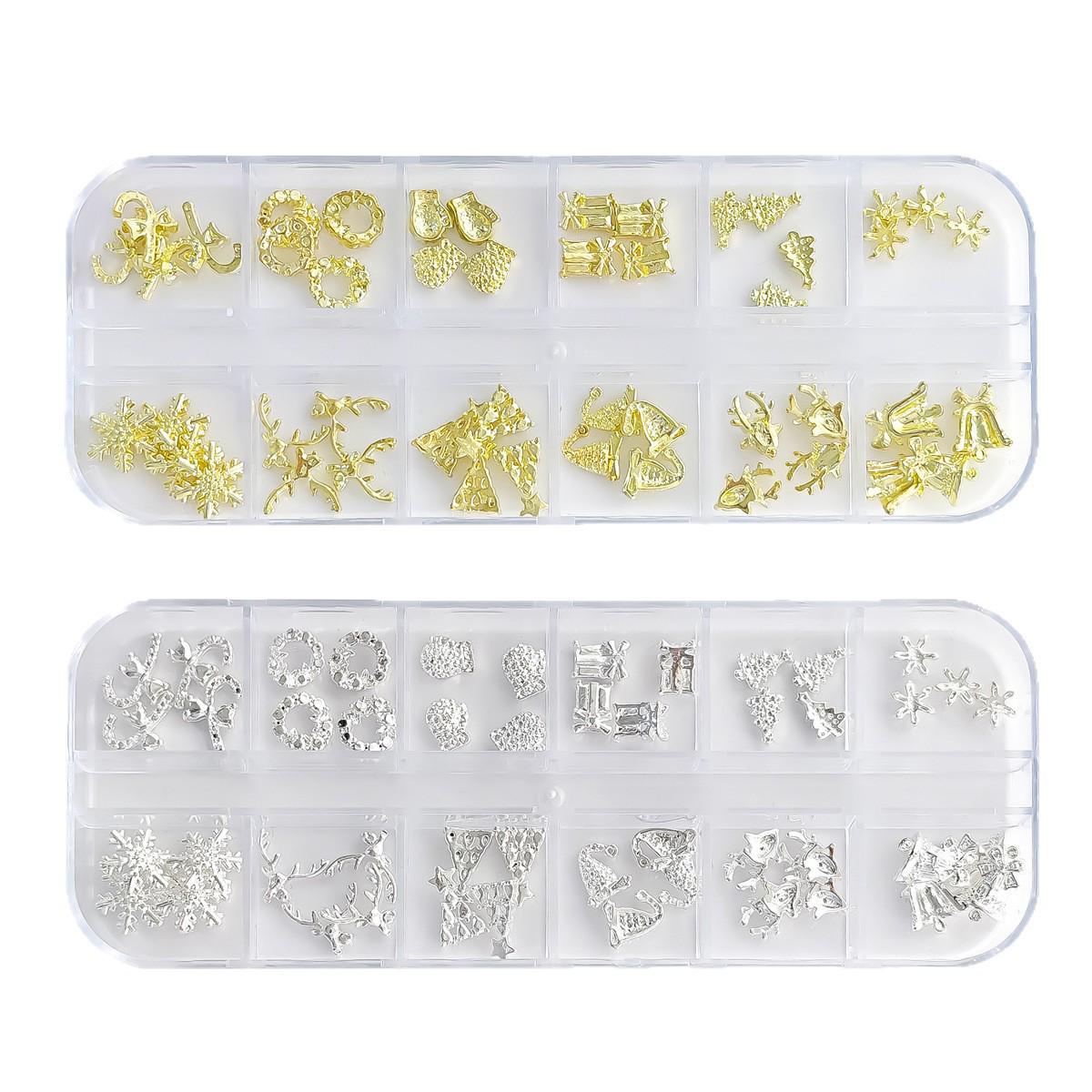

12-Piece Christmas Nail Art Set: 3D Wreath, Snowflake, Bell Rhinestone Decorations золотой