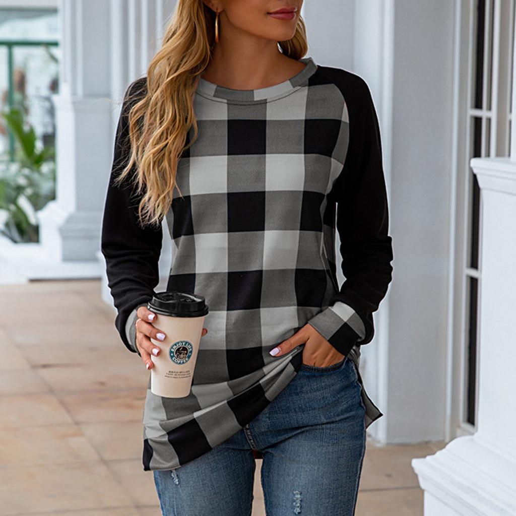 Women's Fashion Casual New Plaid Printed Round Neck Long Sleeve Jacket