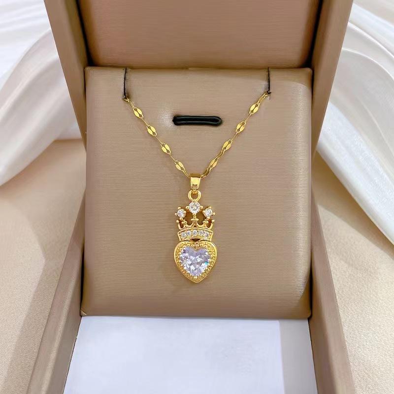 [Titanium Steel] Crown Love Full of Rhinestones Sparkling Micro-Inlaid Design Simple Ladies Wedding Gift Pendant Necklace 45cm белый