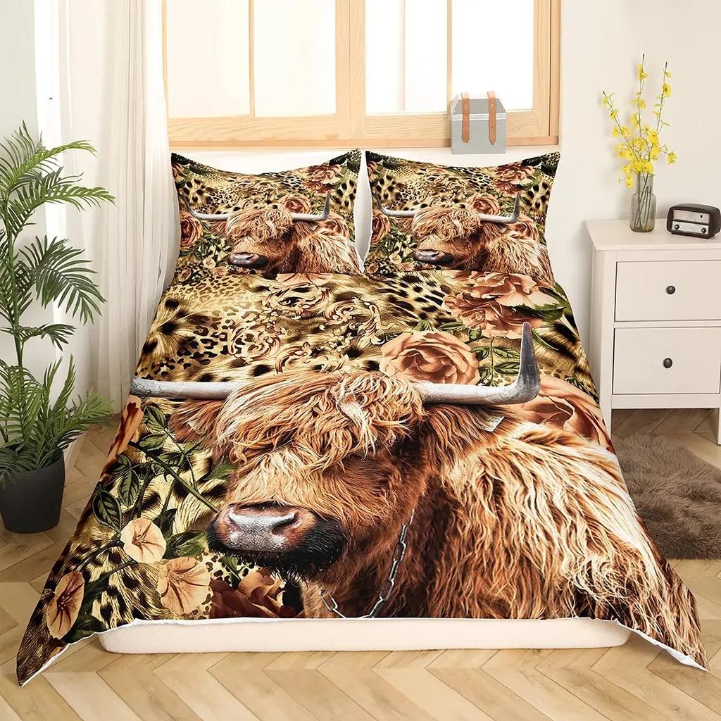 Zestaw Poszwy na Kołdrę Highland Cow Rozmiar Twin Krowa Kwiatowy Zestaw Pościeli Żółty Słonecznik Zachodni Zabawny Zwierzę Krowa Poliestrowa Poszwa na Kołdrę