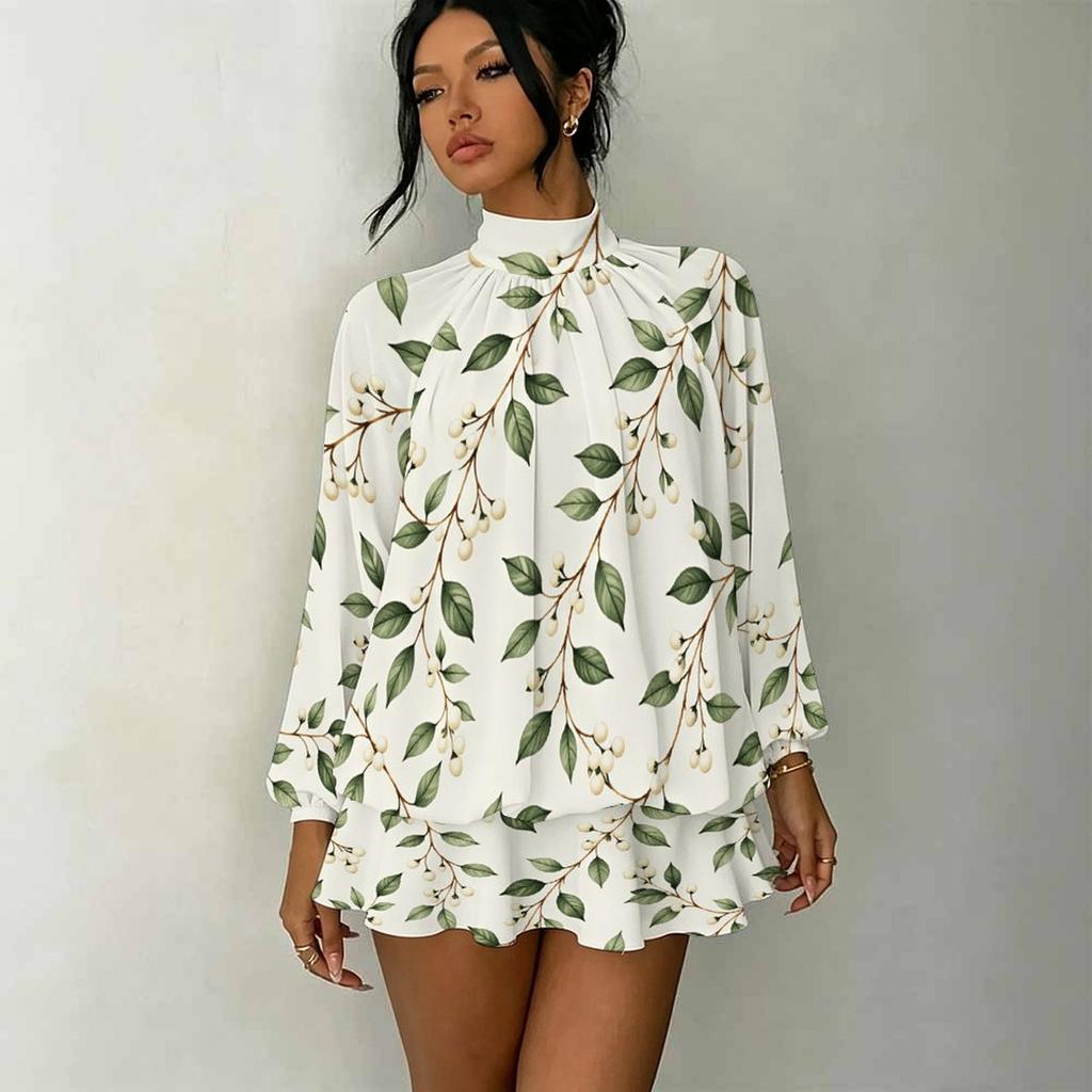 Women's 3D Gradient Brushstroke Print Mock Neck Long Sleeve Dress, Raglan Sleeve Fake Two Piece Mini Dress
