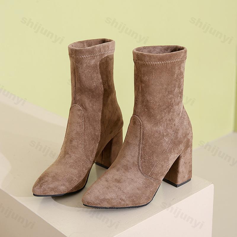 Women's Velvet Short Boots Autumn Winter New Style Versatile High Heel Boots Quality Sharp Point Thick Heel Large Size 34-42