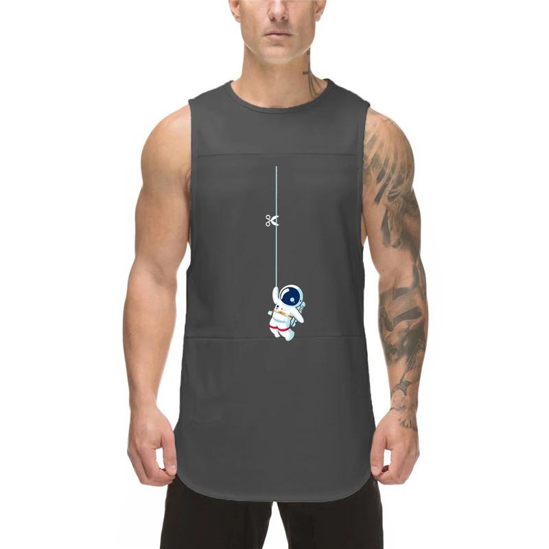 Muscleguys Running Vests Men Space Astronaut Funny Print Bodybuilding Tank Tops Mesh Quick Dry Gym Fitness Sports Workout Sleeveless Shirt
