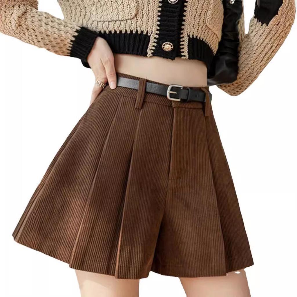 Women's High Waist Corduroy A-line Pleated Culottes Winter Shorts 2024