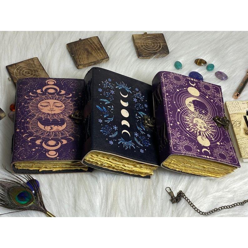 

(Pack of 3) sun and moon vintage Leather Journal Junk Journal grimoire journal with Handmade Edge Paper Gifts for Men and Women 7 x 5 in - 100 Sheet