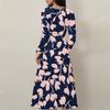Women's Casual Fashion Floral Print V-neck Long Sleeve Waist Long Dress