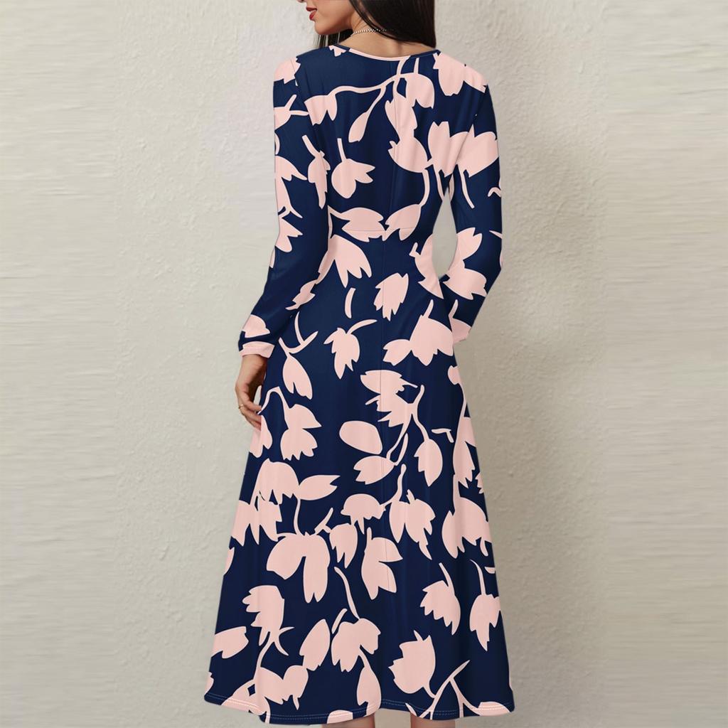 Women's Casual Fashion Floral Print V-neck Long Sleeve Waist Long Dress