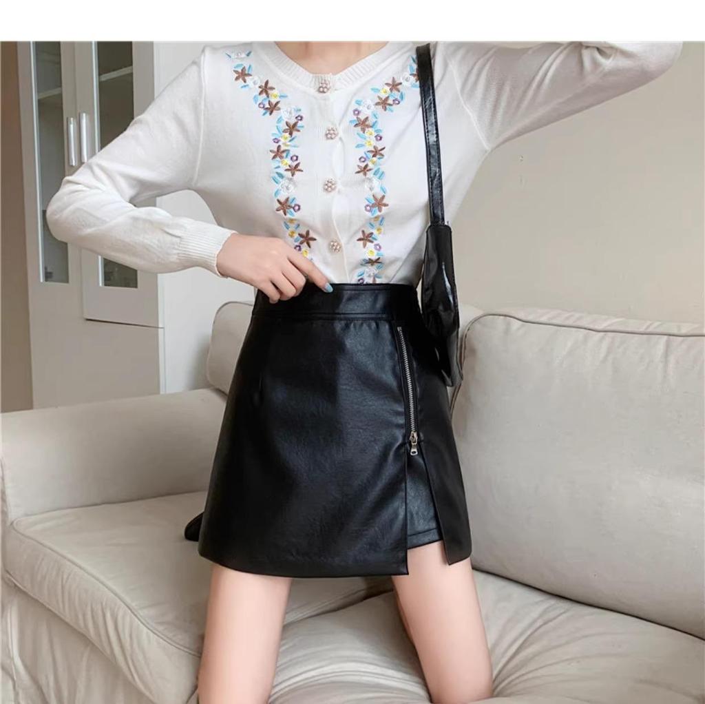 2025 Autumn/Winter Black High-Waisted PU Leather Bodycon Skirt – Women's Slimming A-Line Midi Skirt
