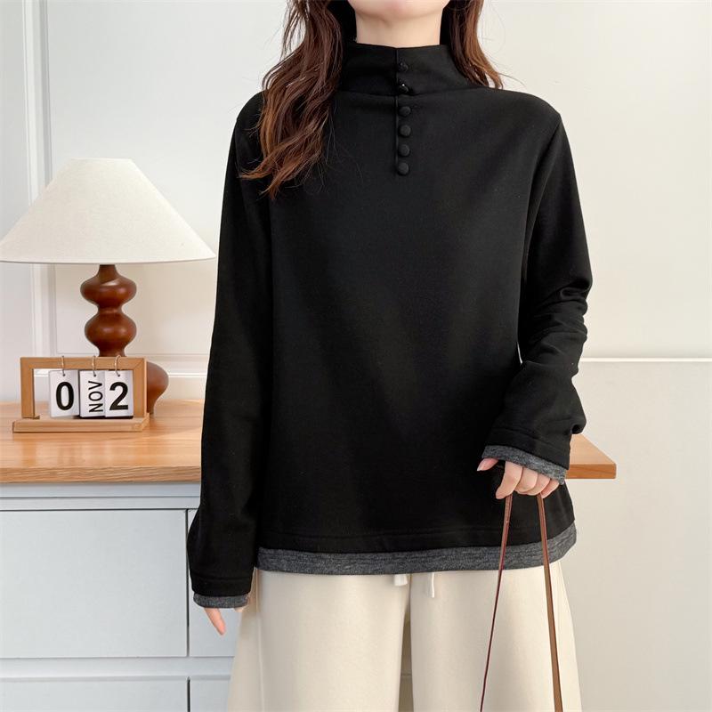 

Autumn-Winter 2025 Women s Plus Size High Neck Slimming Base Layer, Stretchy Long Sleeve Color Block Fleece Top 4XL чорний