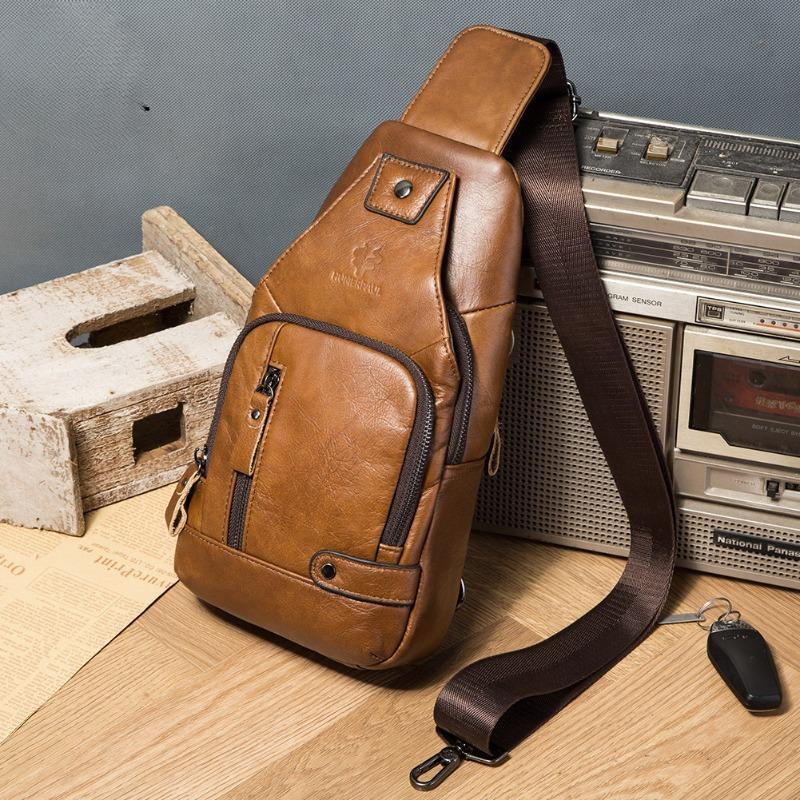 First Layer Cowhide Men's Soft Leather Chest Bag Leather Outdoor Flat Plate with Line Crossbody Bag Large Capacity Bag