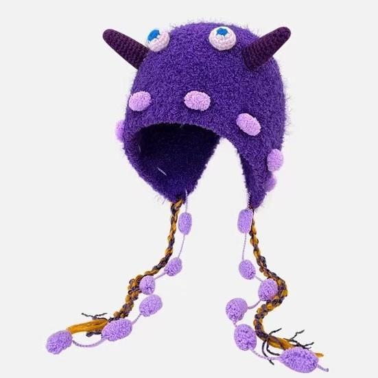 Süße kleine Monster-Plüschmütze für Damen, Herbst- und Winter-Outdoor-Thermo-Pullovermütze, Ohrenschutz, kleine handgefertigte Kopfbedeckung