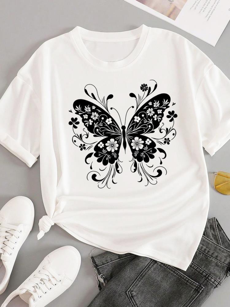 (Asian Size) trend love flower Short Sleeve T-shirts Women's Top T Female Print  Fashion O-neck Casual Clothing  Graphic Tee