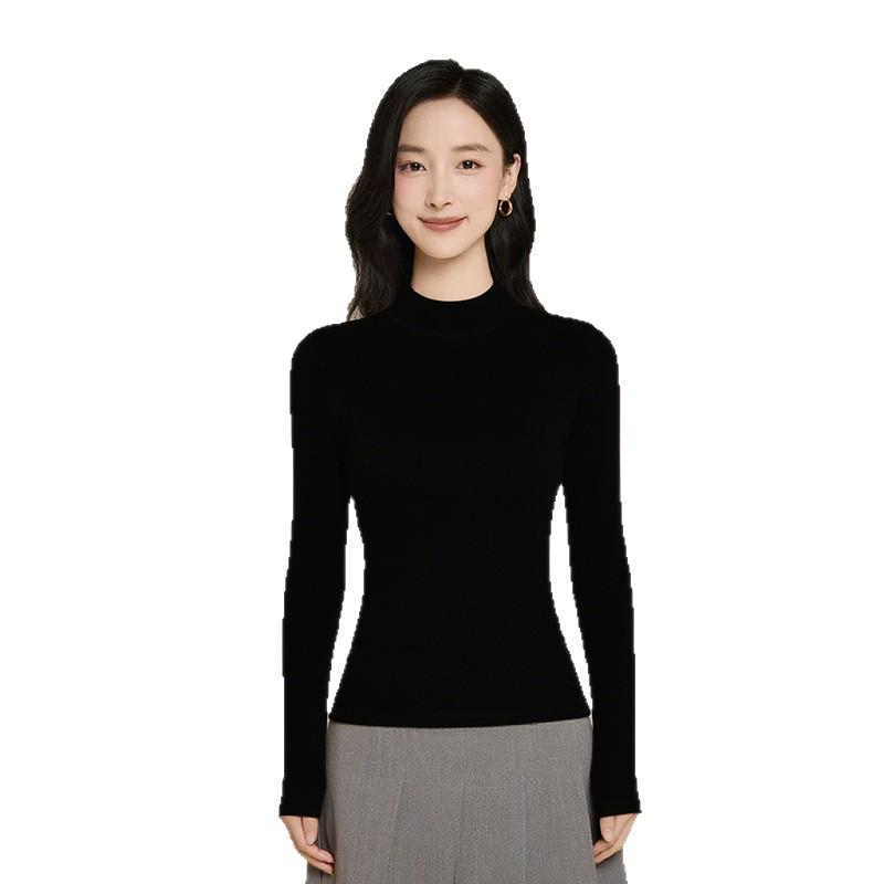 Women's Velvet Semi-High Neck Slim Fit Long Sleeve Thermal Top for Autumn/Winter