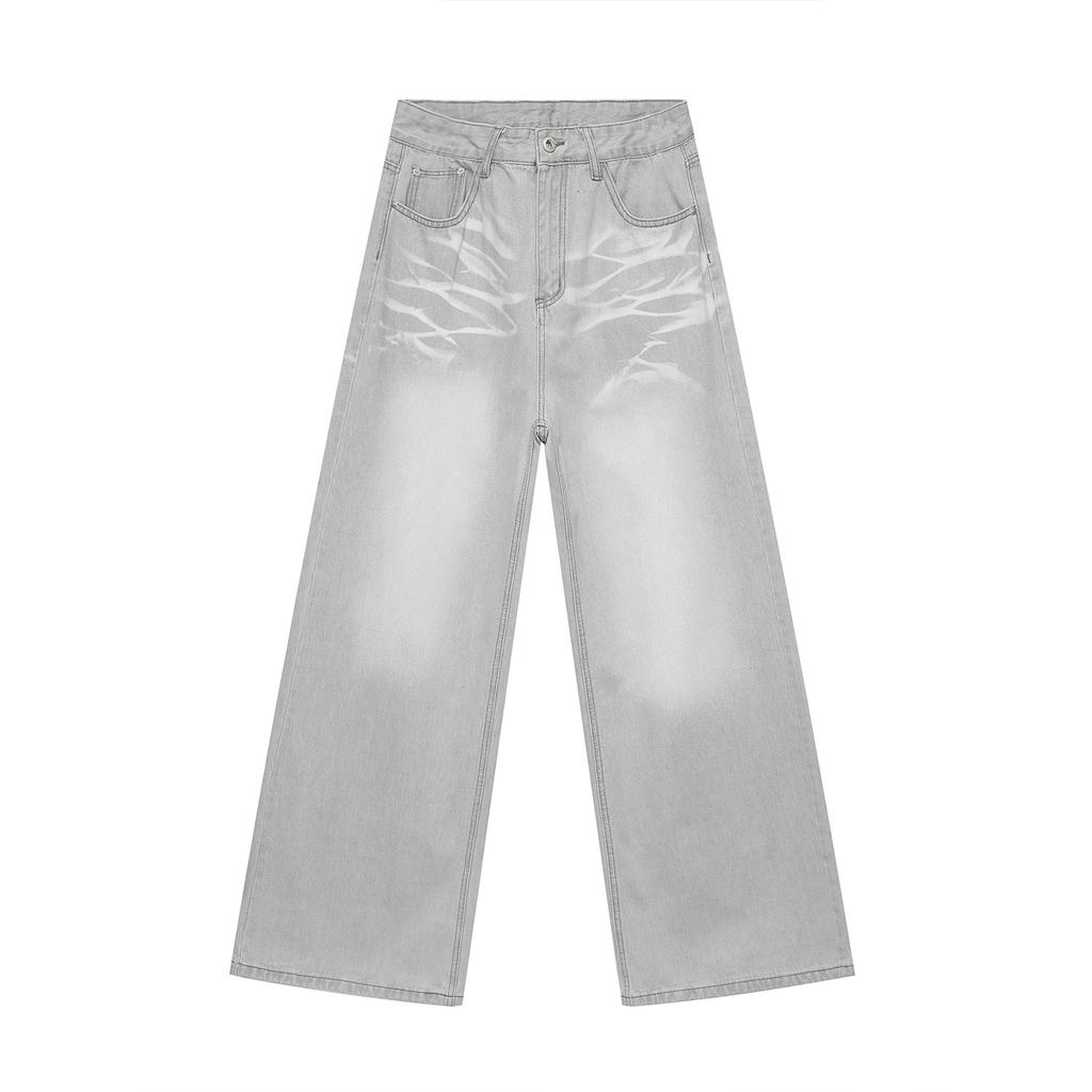 Menswear | Cleanfi Casual Cat Whiskers Washed White Light Grey Straight Wide Leg Jeans