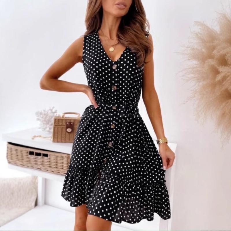 Ruffle Hem Dress Breathable Women Casual V Neck Holiday Loose Dress