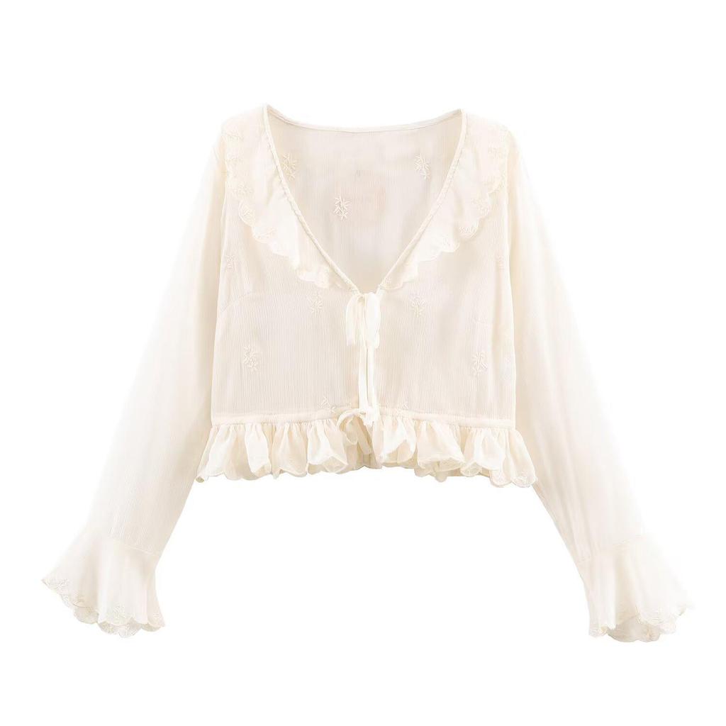 European & American Style Women's Chiffon Shirt with French Lace-up Waist, Embroidered Ruffles, and Long Sleeves