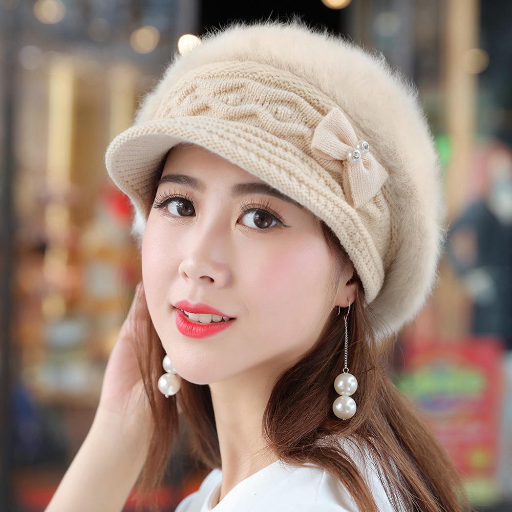Women's Autumn/Winter Rabbit Fur Ear Protection Warm Hat with Thick Knit and Duckbill Design