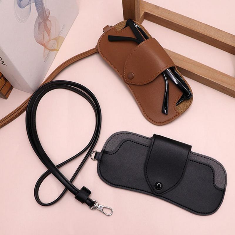 Fashion Pu Double-Sided Leather Eyeglasses Protective Cover Portable Leather Mirror Clip Neck Eyeglasses Bag Anti-Lost Eyeglasse