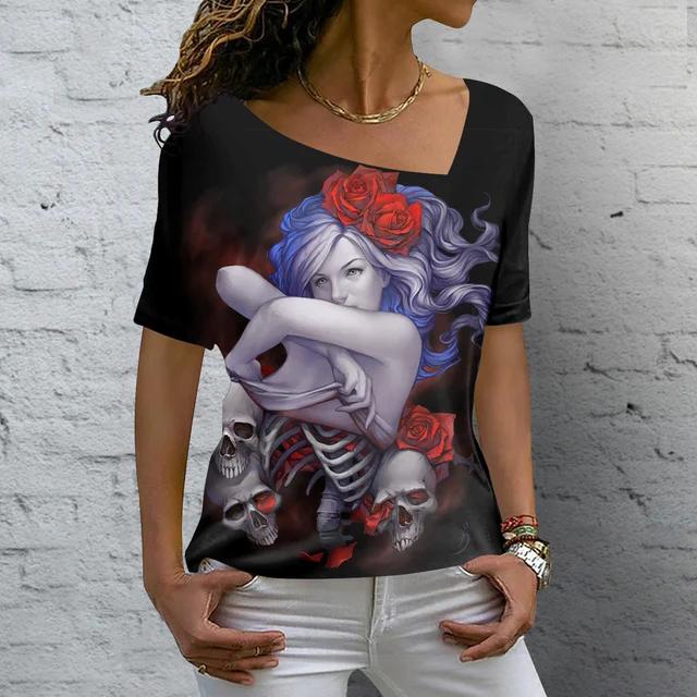 Summer V-neck 3D Skull Rose Print Top Fashionable Casual Short Sleeved Women's T-shirts