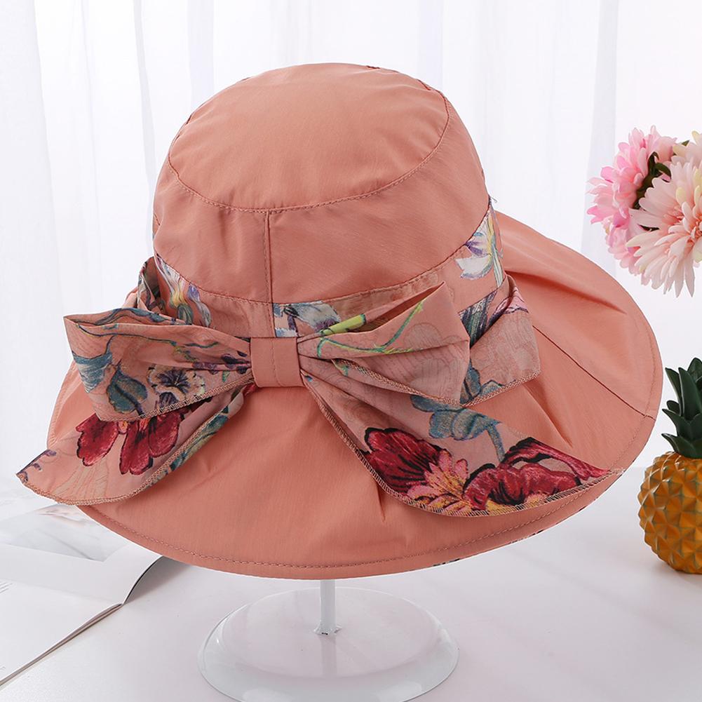 Female Summer Sun Hat Wide Brim Printing Bowknot Ribbon Foldable Soft Cap