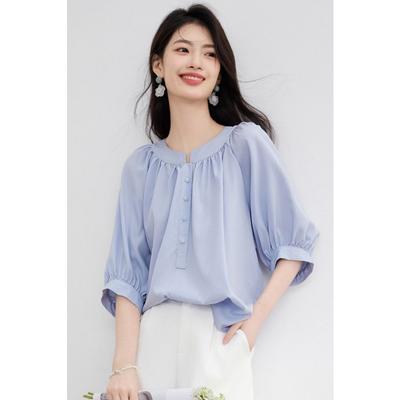Damen locker sitzende hellblaue 3/4-Puffärmel-Bluse lässiges Rundhals-Oberteil mit Knopfleiste
