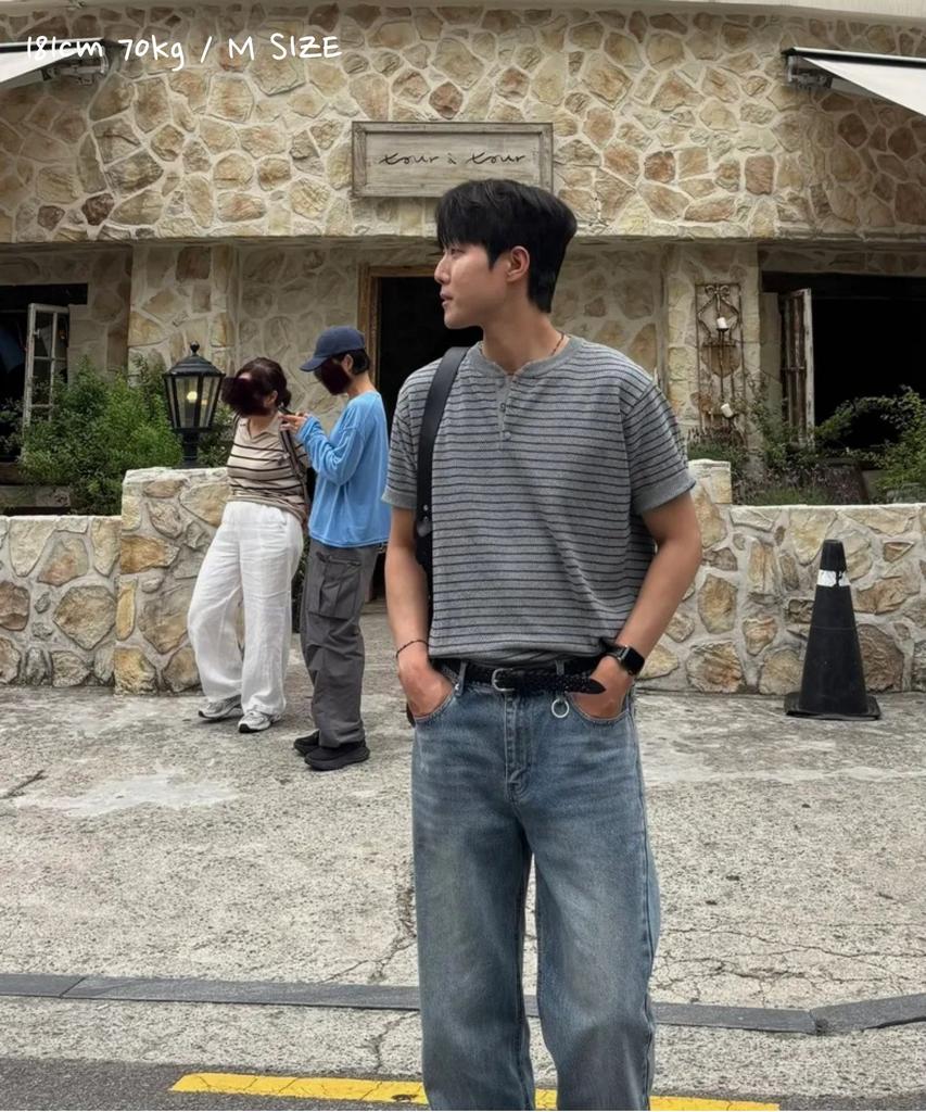 CUZNELLO Cool Cotton Striped Henley Neck Short Sleeve Knit_Gray