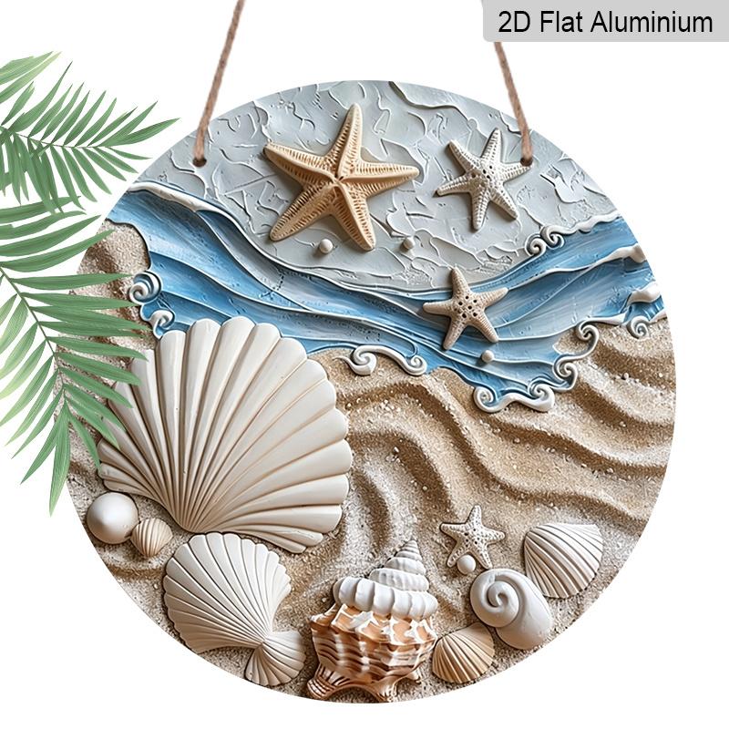 

2D Flat, 1pc Round Aluminum Metal Sign Beach Starfish Shells Print Metal Sign, Waterproof & Rustproof, Perfect for Nautical Home, Beach House 7.87×7.87inch