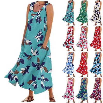 Women's Fashion Summer Casual Sleeveless Floral Printed Small Pocket Dresses