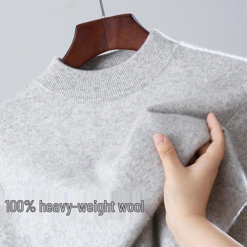 Men's 100% Pure Wool Half-High Collar Thick Knit Pullover Sweater